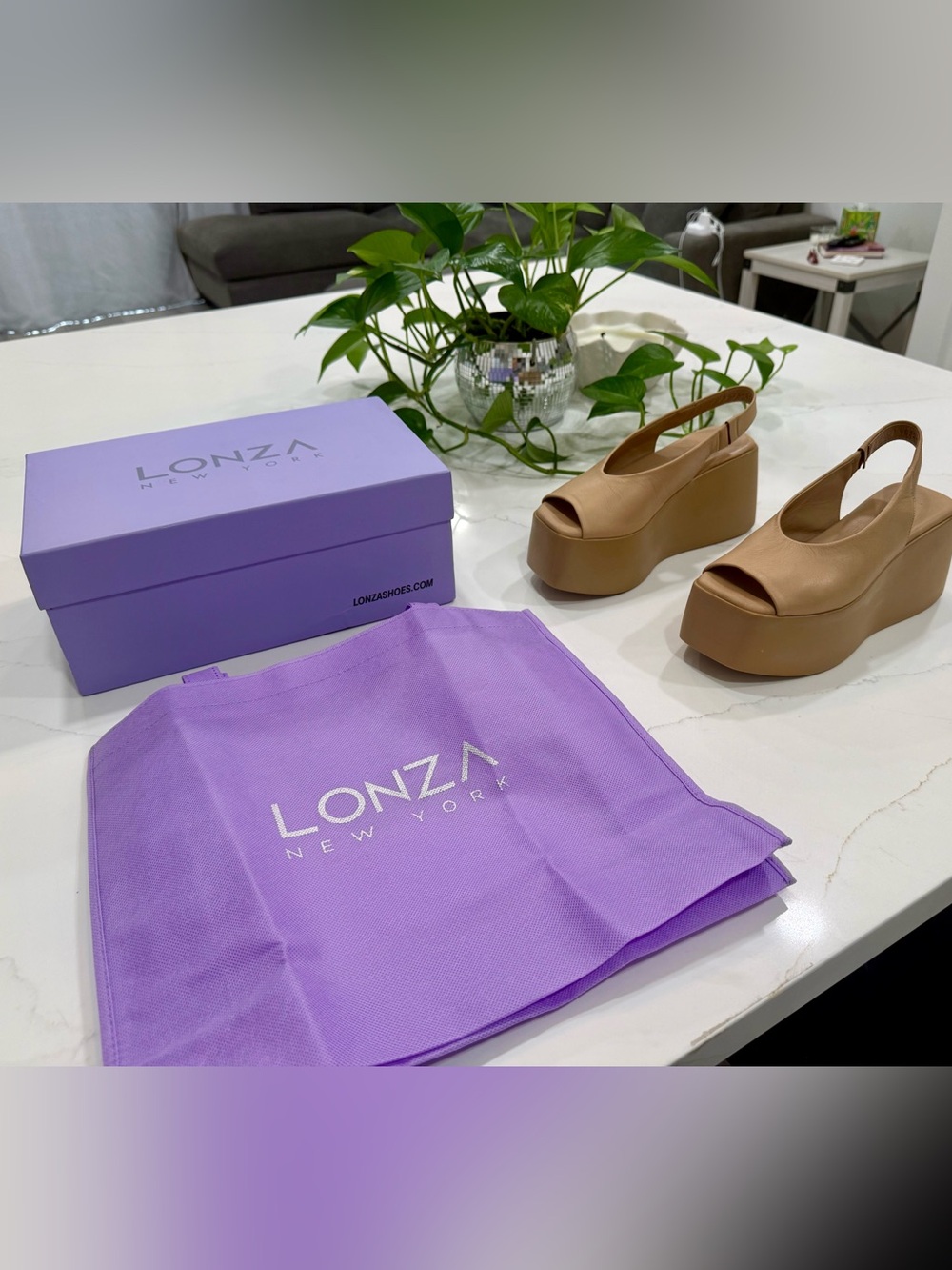 LONZA Ariadna Tan Platform Slingback Peep-Toe Wedges, size 6 - Picture 9 of 15